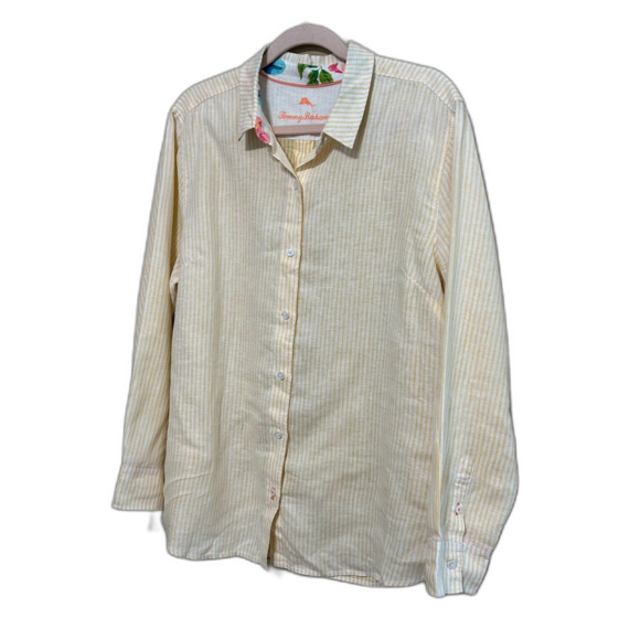 Tommy Bahama 100% Linen Button Up Shirt Womens Large Yellow White Coastal Beachy - Picture 2 of 7
